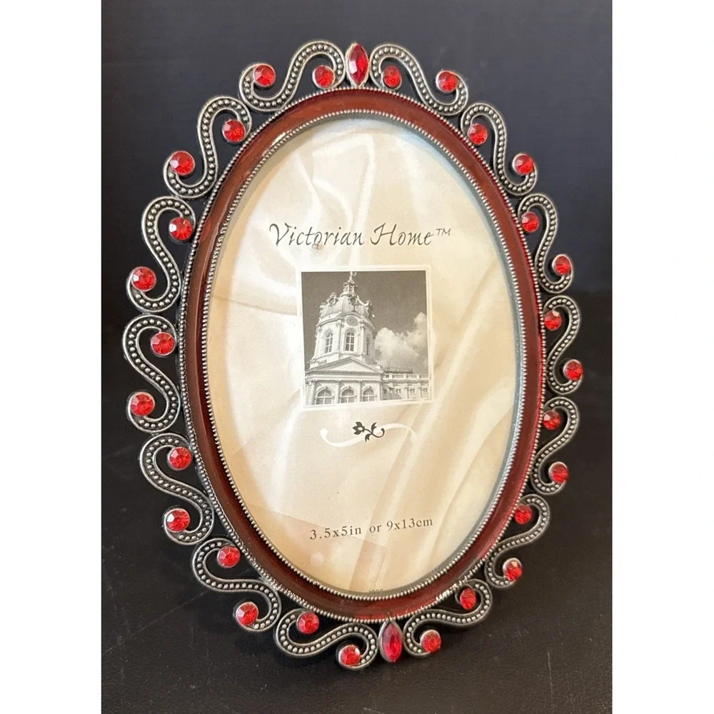 Victorian Home Red Embellished‎ Enamel Oval Picture Frame 3.5 X 5 Silver Tone